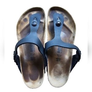 Birkenstock Gizeh Birko-Flor Black Leather Sandals with Buckle Sz‎ M 7 L 9